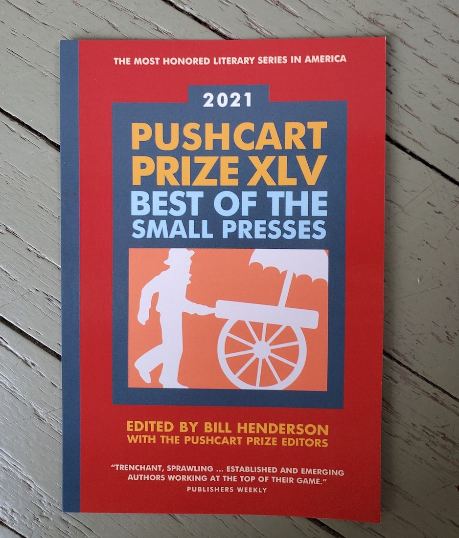 Red bookcover on top of slatted table, reads Pushcart Price XLV: Best of Small Presses with editing credentials listed below